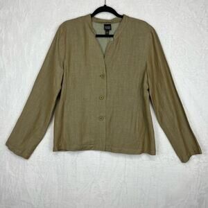 Eileen Fisher Crinkle Round Neck Jacket Lightweight Button Up Linen Blend L NWT